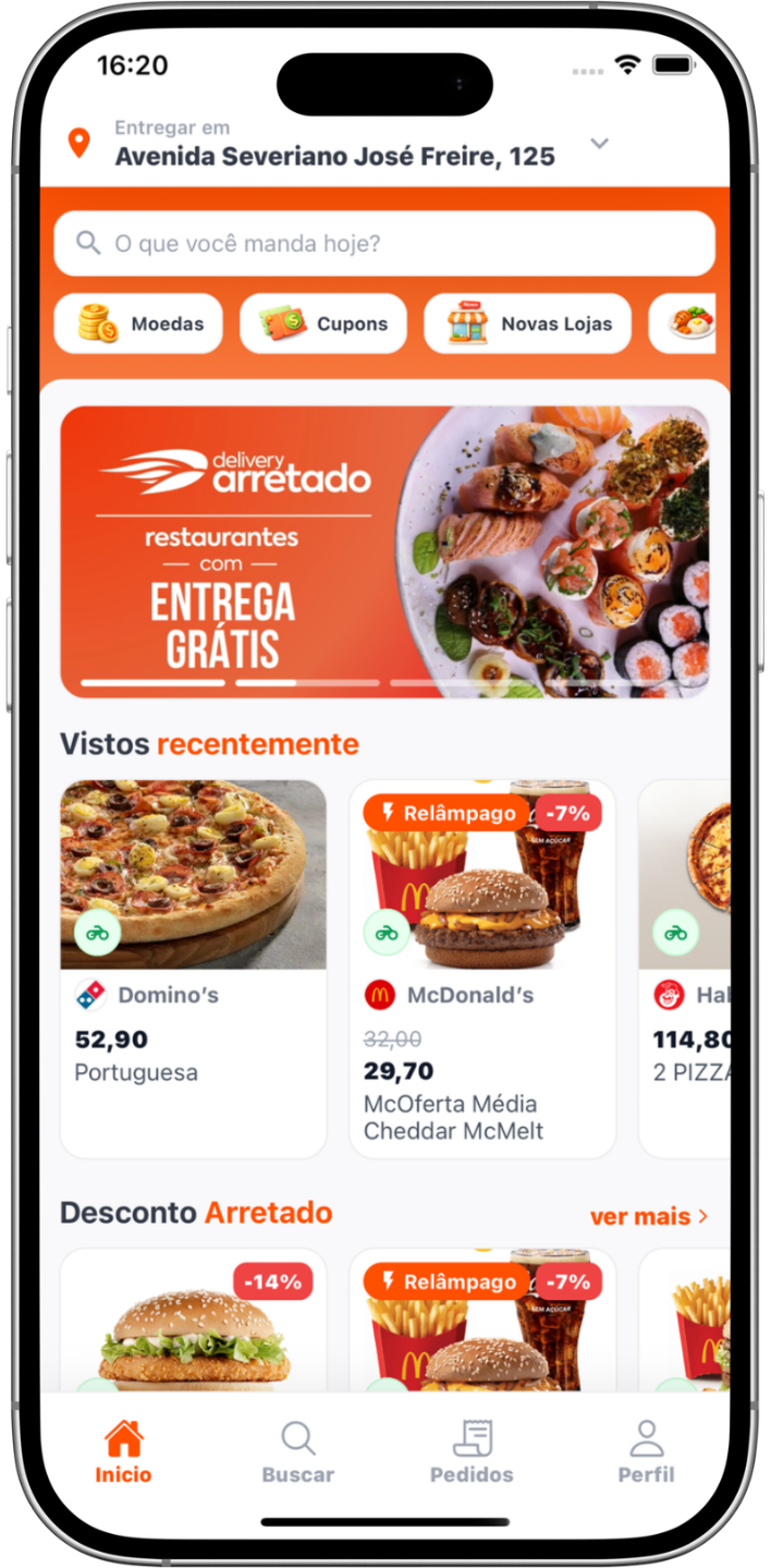 Tela do app Delivery Arretado mostrando a experiência de delivery